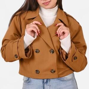 Cropped Trench Jacket Women M Coffee Brown Double Breasted Faux Suede
